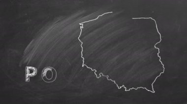 Map of Poland with name and flag inside drawn in chalk on a blackboard. Hand drawn animation. One of a large series of maps and flags of different countries. Education, travel, study abroad concept