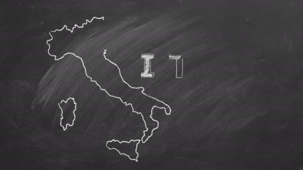 Χάρτης Της Ιταλίας Όνομα Και Σημαία Μέσα Ζωγραφισμένο Κιμωλία Πίνακα — Αρχείο Βίντεο