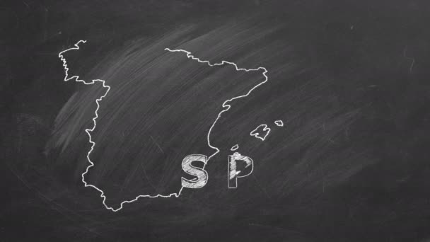 Map Spain Name Flag Drawn Chalk Blackboard Hand Drawn Animation — Vídeo de stock