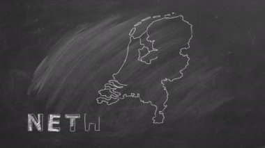 Map of Netherlands with name and flag inside drawn in chalk on a blackboard. One of a large series of maps and flags of different countries. Education, travel, study abroad concept