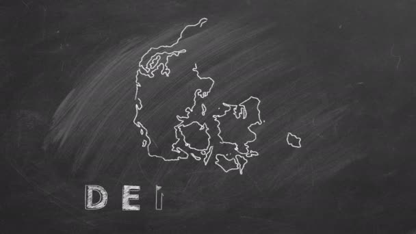 Карта Дании Именем Флагом Нарисованными Мелом Доске Ручная Анимация Одна — стоковое видео