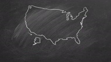 Map of USA with name and flag inside drawn in chalk on a blackboard. Hand drawn animation. One of a large series of maps and flags of different countries. Education, travel, study abroad concept