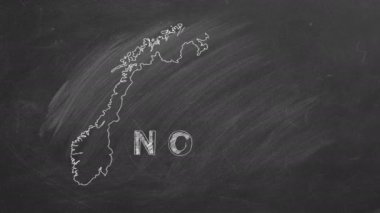 Map of Norway with name and flag inside drawn in chalk on a blackboard. Hand drawn animation. One of a large series of maps and flags of different countries. Education, travel, study abroad concept