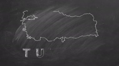 Map of Turkey with name and flag inside drawn in chalk on a blackboard. Hand drawn animation. One of a large series of maps and flags of different countries. Education, travel, study abroad concept