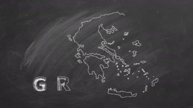 Map of Greece with name and flag inside drawn in chalk on a blackboard. Hand drawn animation. One of a large series of maps and flags of different countries. Education, travel, study abroad concept