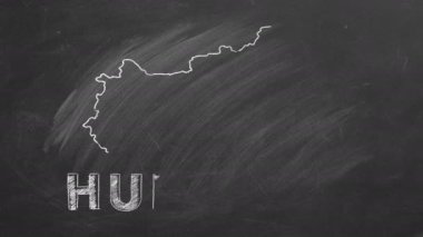 Map of Hungary with name and flag inside drawn in chalk on a blackboard. Hand drawn animation. One of a large series of maps and flags of different countries. Education, travel, study abroad concept