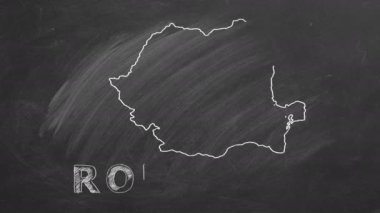 Map of Romania with name and flag inside drawn in chalk on a blackboard. Hand drawn animation. One of a large series of maps and flags of different countries. Education, travel, study abroad concept