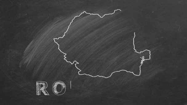 Карта Румынии Именем Флагом Нарисованными Мелом Доске Ручная Анимация Одна — стоковое видео