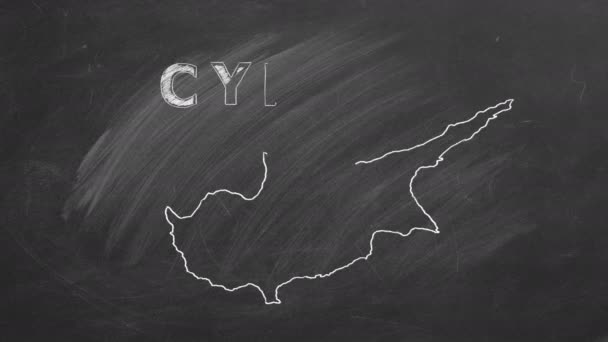 Карта Кипра Именем Флагом Внутри Нарисованы Мелом Доске Ручная Анимация — стоковое видео