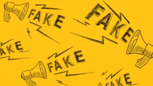 Megafony Słowem Fake Narysowanym Żółtym Tle Animowana Ilustracja Koncepcja Informacji — Wideo stockowe