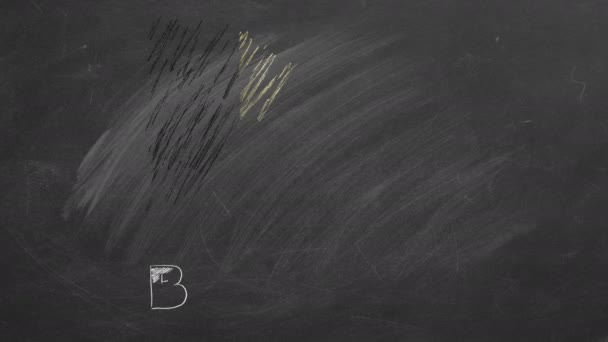 このビデオは チョークを使用して黒の学校の黒板にベルギーの国旗を描くプロセスを示しています 完成品は旗とその下に書かれたベルギー語を表示します — ストック動画