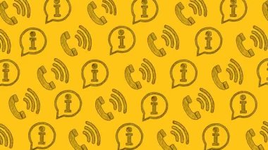 Telefon simgeleri ve bilgi simgelerinden bir desen. Merkeze haber verin. Acil yardım hattı bağlantısı. Destek merkezi. Kusursuz döngü videosu.
