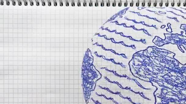 Rotierende Welt Handgezeichnete Illustration Auf Einem Schulheft — Stockvideo