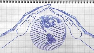 Dönen Dünya Küresi erkeklerin elinde. Dünyayı kurtar. El çizimi çizimi. Dünya Günü konsepti.