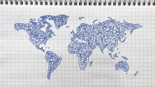 Mapa Świata Ręcznie Rysowane Animowane Ilustracja Stronie Szkolnego Notatnika — Wideo stockowe