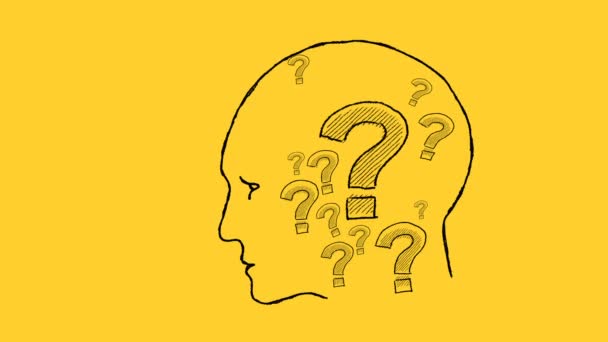 Ανθρώπινο Κεφάλι Ερωτηματικά Μέσα Κινούμενη Απεικόνιση Κίτρινο Φόντο — Αρχείο Βίντεο