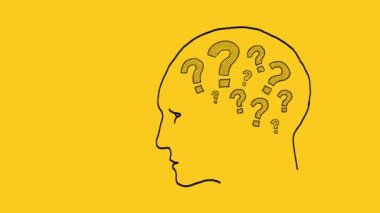 The question marks inside of the human head change to light bulbs. Hand drawn illustration on yellow background. Idea concept.