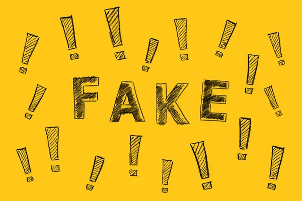 Fake 这个词和感叹号写在黄色的背景上 信息和虚假信息概念 假新闻 手绘插图 — 图库照片