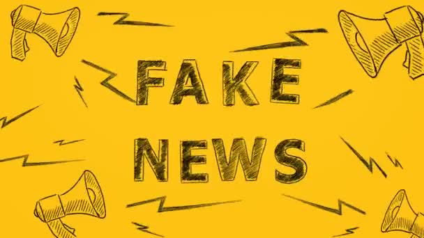 Мегафони Текстом Fake News Намальовані Жовтому Тлі Анімаційна Ілюстрація Інформаційно — стокове відео