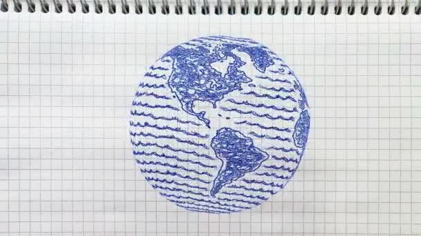 学校のノートブックページで地球を回転させます 手描きイラスト 世界を救うんだ 平和やグローバルビジネスの概念 地球の日だ 旅行のコンセプト 世界中を旅する 国際平和の日 — ストック動画