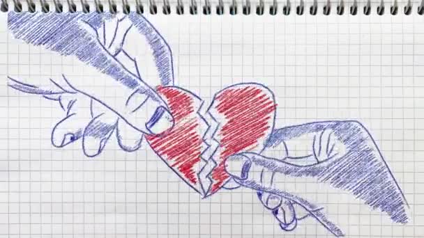 男性と女性の手を骨折した心臓 女性と男性の対立 健康の概念 バレンタインデー 世界の心臓の日 ノートブックページのイラスト — ストック動画