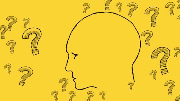Cabeça Humana Com Pontos Interrogação Ilustração Animada Sobre Fundo Amarelo — Vídeo de Stock