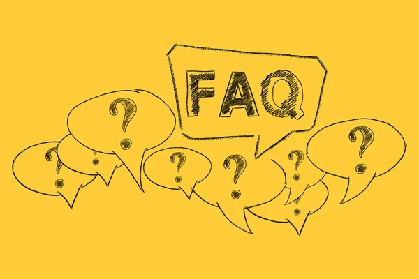 Hand Drawn Text Faq Question Marks Speech Bubbles Yellow Background — Stock Photo, Image