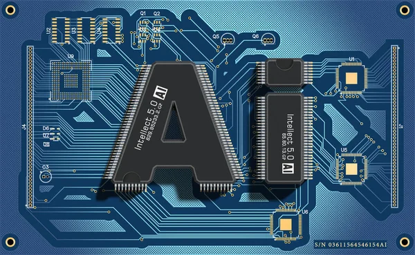 两个微型芯片的形式的字母Ai在一个电子板上 人工智能的概念 3D渲染 — 图库照片