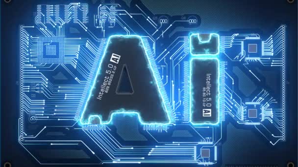 两个微型芯片的形式的字母Ai在一个电子板上 霓虹灯形式的数字信号在微晶片之间移动 人工智能的概念 3D渲染 — 图库视频影像