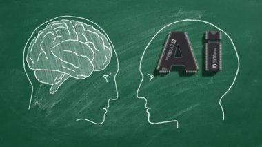 İnsan zekası yapay zekaya karşı. Yüz yüze. Görüşler düellosu. Okul tahtasındaki animasyon çizimi.