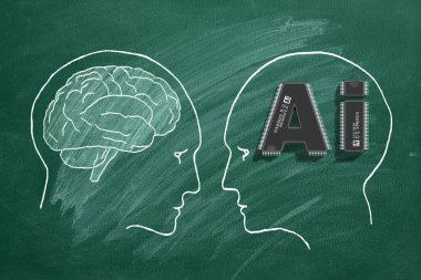 Human intelligence vs artificial intelligence. Face to face. Duel of views. Hand drawn illustration on a school blackboard. clipart