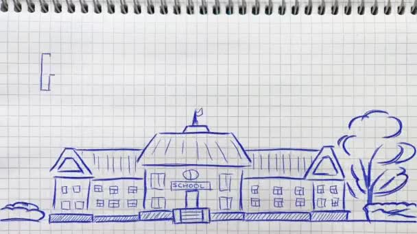 Texto Hello School Desenhado Mão Uma Página Caderno Escolar Animado — Vídeo de Stock
