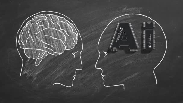 人类智慧与人工智能的对比 面对现实 意见相左 学校黑板上的动画插图 — 图库视频影像