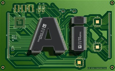 Elektronik panodaki yapay zeka şeklinde iki mikroçip. Yapay Zeka kavramı. 3d hazırlayıcı.