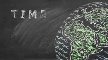 Seyahat zamanı kelimelerini sergilerken dönen bir küre. Bu tebeşirle karatahtanın üzerine elle çizilmiş bir resim.