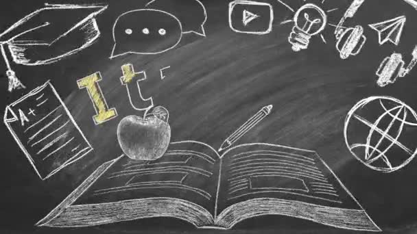 Papan Tulis Sekolah Kata Italia Ditulis Sebelahnya Ada Sebuah Buku — Stok Video