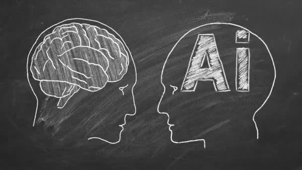 Человеческий Мозг Против Искусственного Интеллекта Две Головы Человека Лицом Лицу — стоковое видео