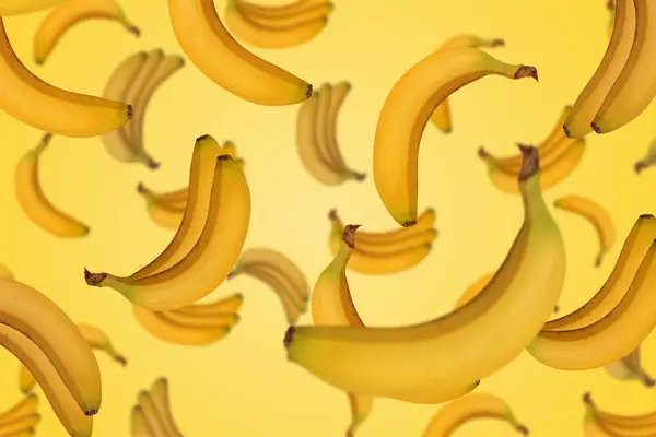 Many Fresh Bananas Falling Yellow Background — Stock Photo, Image