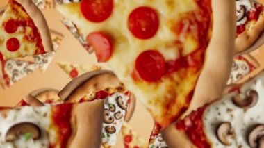 Pizza parçaları sarı-kahverengi arka plana düşüyor. Kusursuz yavaş çekim döngüsü videosu