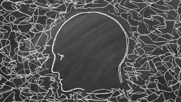 人头的轮廓 外面有纠结的线条 黑板上的动画插图 人格障碍和抑郁症的概念 混乱的思考 寻找解决办法 — 图库视频影像