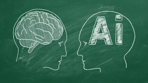 Человеческий Мозг Против Искусственного Интеллекта Две Головы Человека Лицом Лицу — стоковое видео