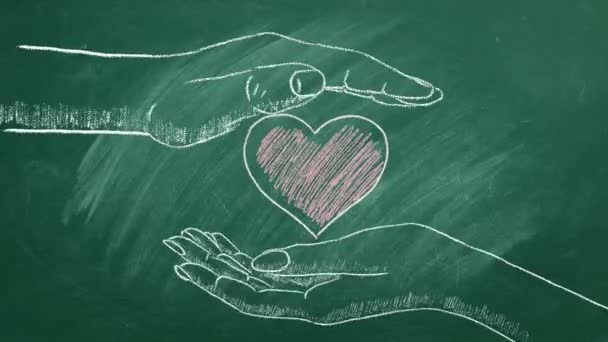 ハート型の男性と女性の手 思いやり 健康の概念 愛してるわ ハッピーバレンタインデー 世界の心臓の日 チョークで描いたイラスト — ストック動画