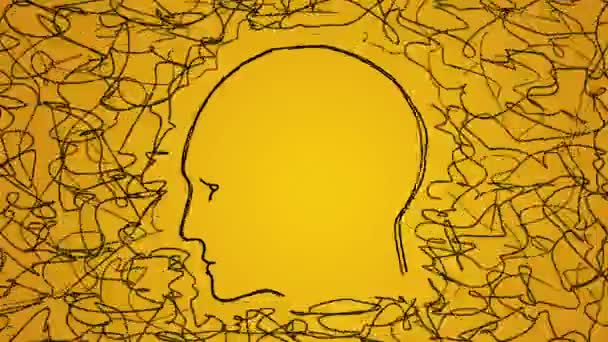 人头的轮廓 外面有纠结的线条 黄色的动画插图 人格障碍和抑郁症的概念 混乱的思考 寻找解决办法 — 图库视频影像