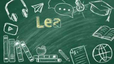 Greenboard 'da İngilizce' yi öğreniyorum. Çeviri ile ilgili ve dil öğrenme simgesi seti. Eğitim konsepti. İletişim, yurtdışında eğitim, e-öğrenim, ev eğitimi gibi konularda kullanılabilir.