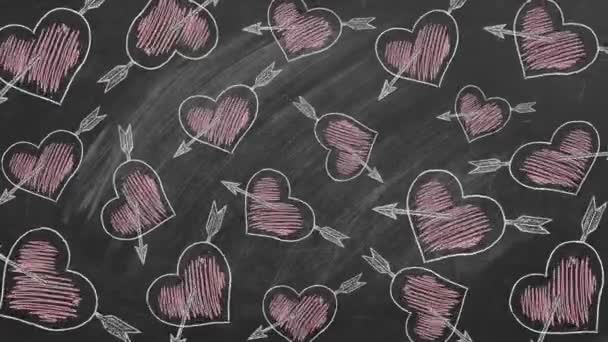 Geanimeerd Patroon Met Hartjes Cupido Pijlen Getekend Een Krijtbord Valentijnsdag — Stockvideo