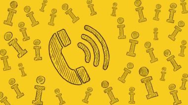 Sarı arkaplana telefon simgesi ve bilgi simgeleri çizilmiş. Bilgi merkezi, bilgi desteği, müşteri desteği. Kusursuz döngü videosu.