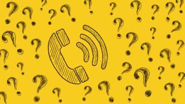 Telefon simgesi ve soru işaretleri sarı arkaplana çizilmiş. Bilgi merkezi, bilgi desteği, müşteri desteği, sosyolojik araştırma, telefon görüşmesi. Kusursuz döngü videosu.