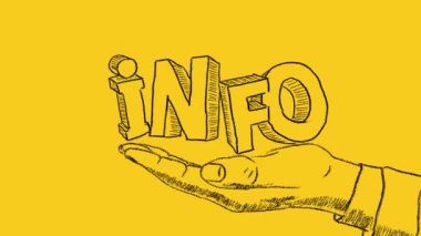İnsan eli ve üç boyutlu metin INFO eli sarı arka plana çizilmiş. İlk elden bilgi, doğrudan bilgi, ilk elden bilgi, birincil bilgi kavramı.