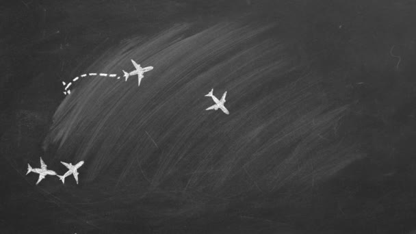 Avião Desenhado Com Giz Quadro Negro Escola Escreve Palavra Viagem — Vídeo de Stock