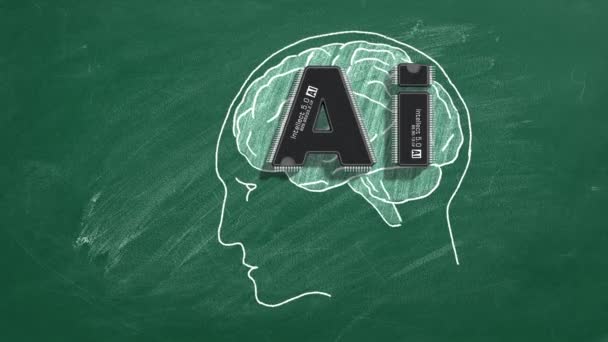 人間の脳と統合されたAiという文字の2つのマイクロチップは テクノロジーと認知の最先端の融合を表しています 人工知能 自然言語処理 — ストック動画